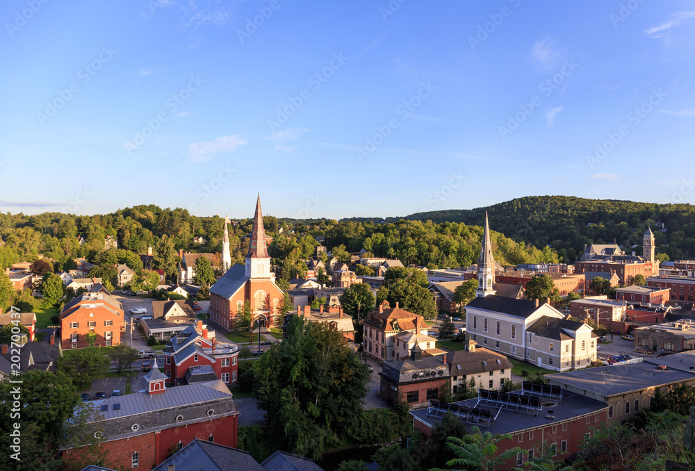 Looking down on churches and historic buildings in Montpellier, Vermont