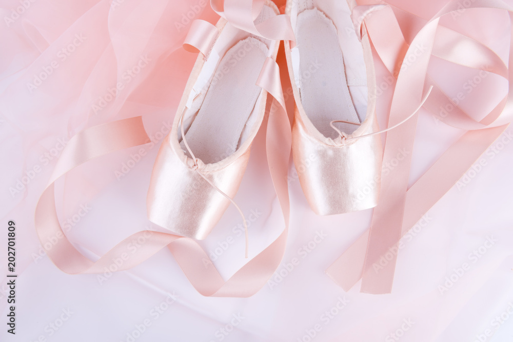 Top of ballet shoes with pink ballet costume Top of ballet shoes with pink ballet costume