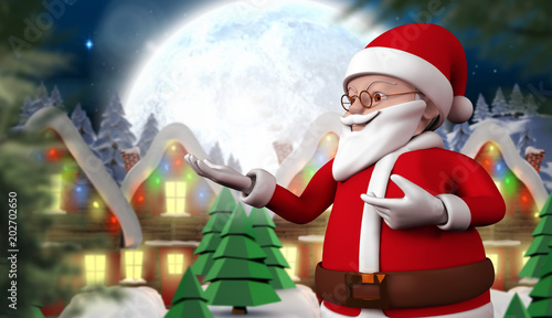 Cute cartoon santa claus against quaint town with bright moon Stock Photo | Adobe Stock Cute cartoon santa claus against quaint town with bright moon Stock Photo | Adobe Stock