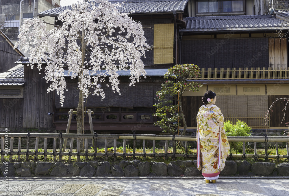 Φωτογραφία Woman in kimono standing near a cherry tree in Gion, Kyoto, Japan