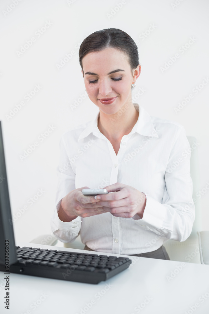 Businesswoman with mobile phone in front of computer Businesswoman with mobile phone in front of computer