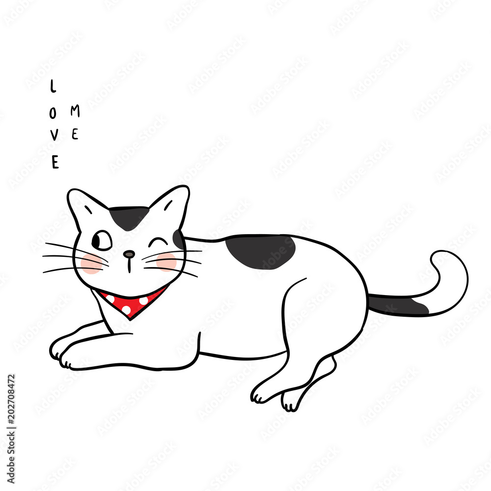 Vector illustration character design of cat on white color and wording love me Draw doodle style