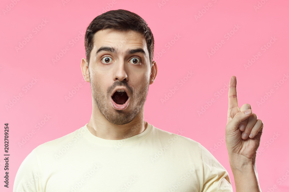 Man in Blank Pink T-shirt on White Background Stock Image - Image