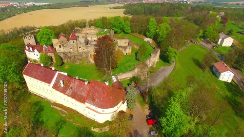 Drone flight around of Klenova castle was built in 1291 as a part of the frontier defence system. Aerial view of famous Czech landmark. European monuments from above. photo