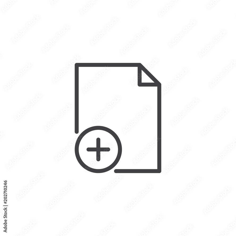 Add file document outline icon. linear style sign for mobile concept and web design. Page plus simple line vector icon. Symbol, logo illustration. Pixel perfect vector graphics Add file document outline icon. linear style sign for mobile concept and web design. Page plus simple line vector icon. Symbol, logo illustration. Pixel perfect vector graphics