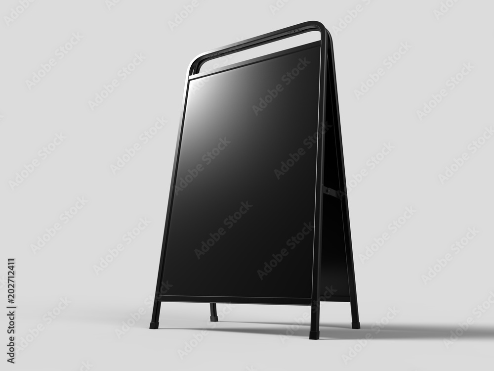 Blank full handle metallic outdoor advertising stand isolated, Clear street signage board mock up. Round Corner A-board with metal frame template. 3d rendering. Blank full handle metallic outdoor advertising stand isolated, Clear street signage board mock up. Round Corner A-board with metal frame template. 3d rendering.