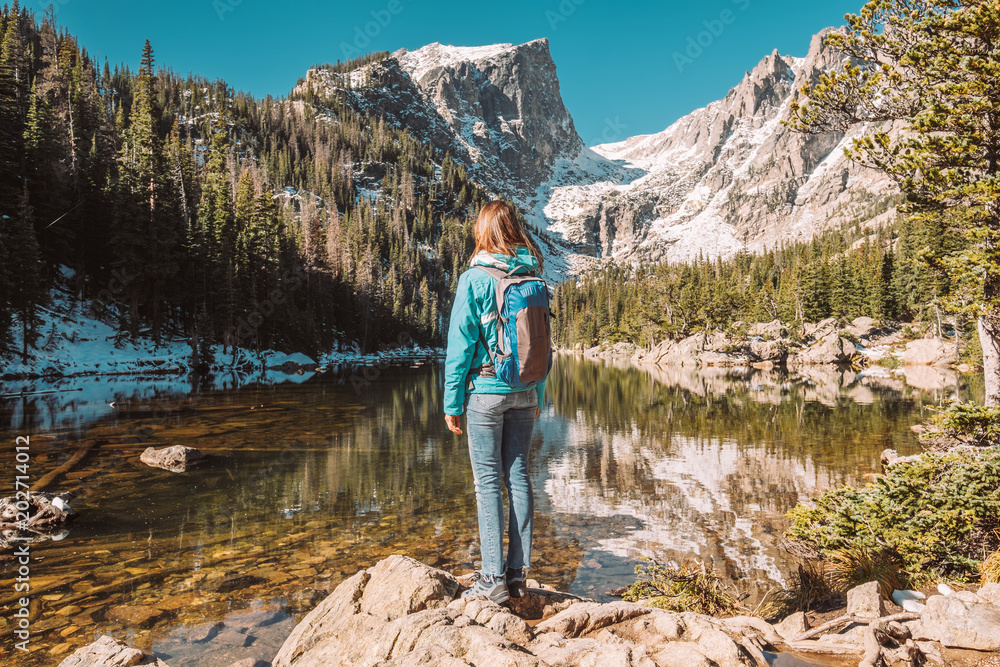 Tourist near Dream Lake in Colorado