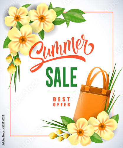 Summer sale best offer lettering in frame with shopping bag and flowers on white background. Handwritten text, calligraphy. Seasonal sale concept. For posters, leaflets and brochure