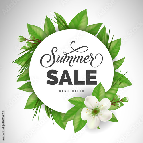 Summer sale best offer lettering in circle with white flower. Offer or sale advertising design. Handwritten and typed text, calligraphy. For brochure, invitation, poster or banner.