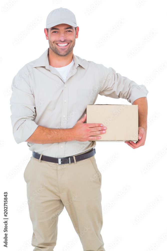 Portrait of happy delivery man with cardboard box Portrait of happy delivery man with cardboard box