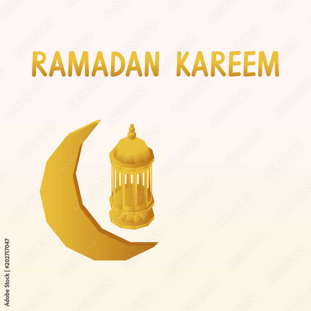 Isometric vector illustration of Ramadan Kareem design background with islamic crescent and arabic lantern. Low poly Isolated illustration for greeting card, poster and banner Isometric vector illustration of Ramadan Kareem design background with islamic crescent and arabic lantern. Low poly Isolated illustration for greeting card, poster and banner