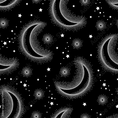 Vector seamless pattern with dotted half moon and stars in white on the black background. Design with astronomy symbols in dotwork style. Monochrome galaxy background with crescent and star.