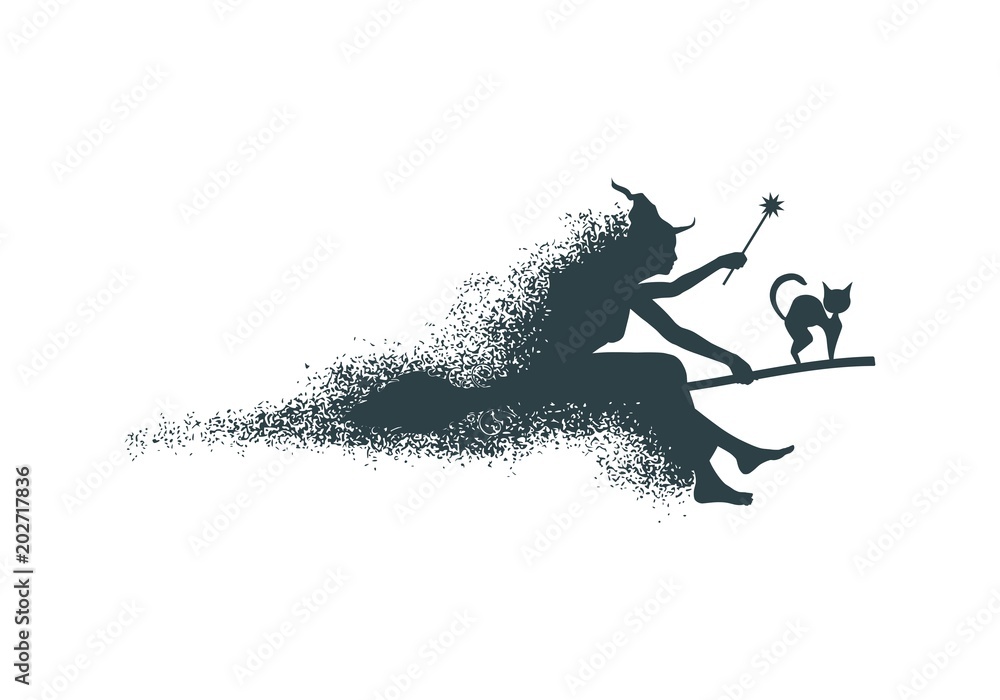Illustration of flying young witch icon composed of particles. Witch and cat silhouettes on a broomstick. Magic wand in hand. Halloween relative image.
