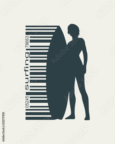Woman posing with surfboard. Surfing emblem for web design or print. Bar code connected with silhouette