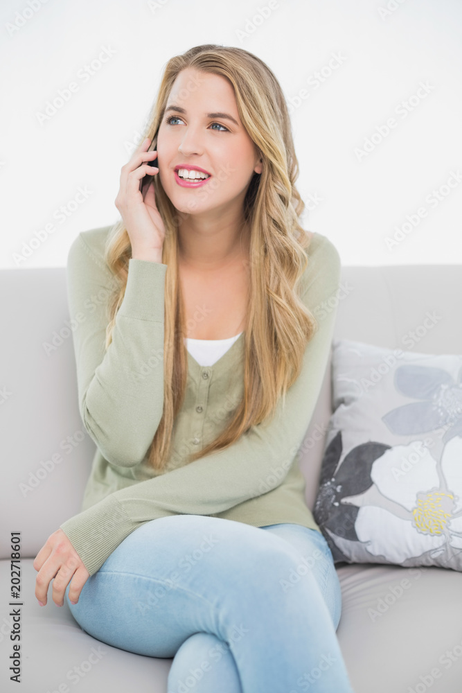 Cheerful pretty blonde on the phone sitting on cosy sofa Cheerful pretty blonde on the phone sitting on cosy sofa