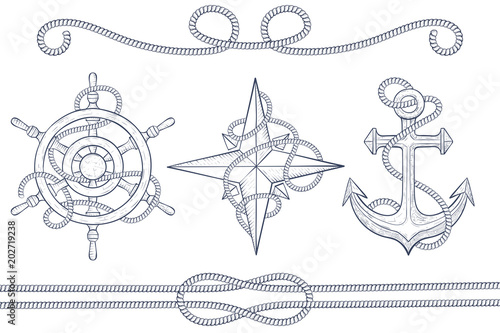 Nautical design elements. Steering wheel, windrose, anchor with rope. Hand drawn sketch