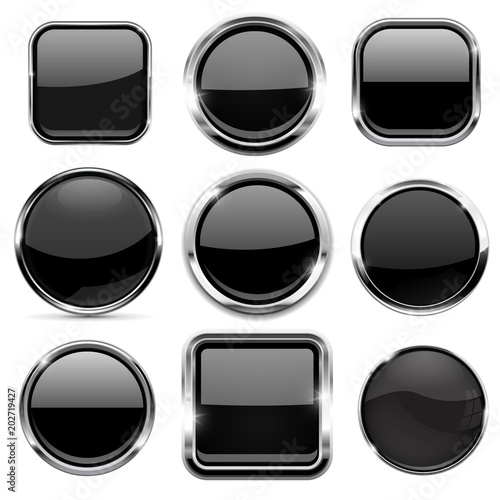 Glass 3d buttons set. Black round and square icons with chrome frame