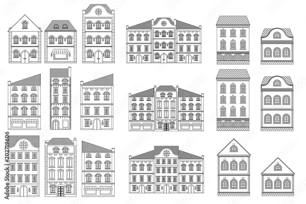 Houses. Set of european old buildings. Outline drawing