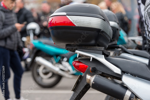 RIGA, LATVIA - APRIL 28, 2018: 2018 Moto Season Opening Event. A close-up of the most interesting details and attributes of motorcycles parked at the parade.