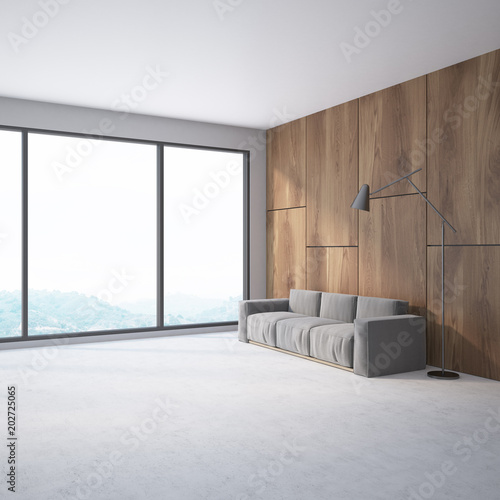 Wood wall minimalistic living room gray sofa side