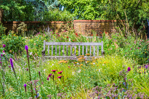 Wooden park bench among an abundance of wild flowers in an English garden