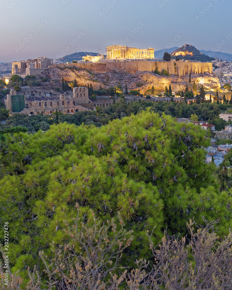 Athens Greece, Parthenon and Acropolis view from Philopappos hill in the twilight