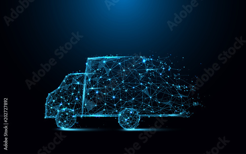 Fast delivery truck icon form lines and triangles, point connecting network on blue background. Illustration vector