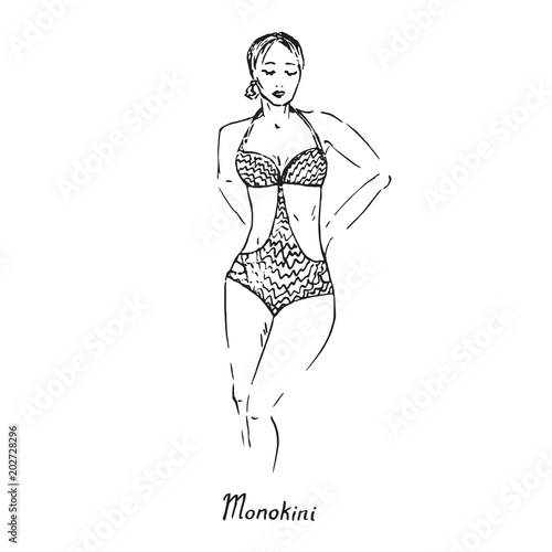 Portrait of sexy retro pin up girl in  striped monokini type of one piece swimsuit with inscription, hand drawn outline doodle, sketch in pop art style, black and white vector illustration