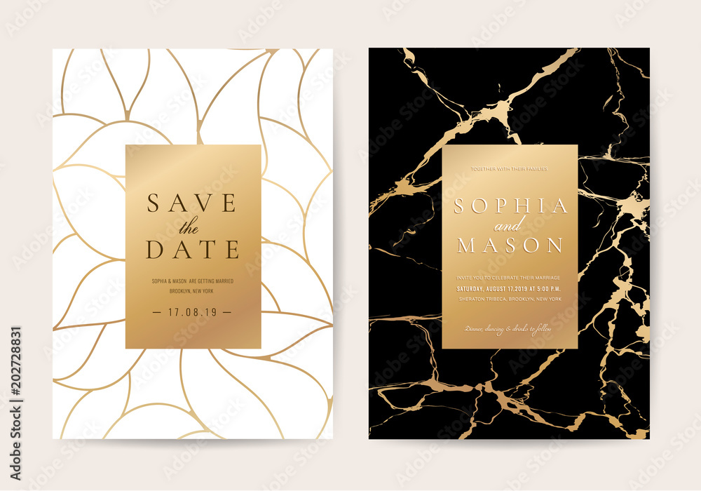 Luxury wedding Invitation cards with black marble texture and gold line vector - obrazy, fototapety, plakaty 