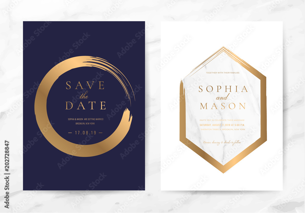 Luxury wedding invitation cards with marble and rose gold texture vector