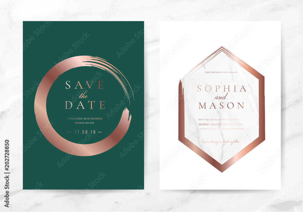 Luxury wedding invitation cards with marble and rose gold texture vector Luxury wedding invitation cards with marble and rose gold texture vector