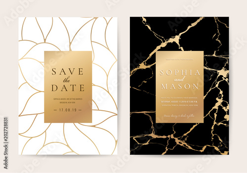Luxury wedding Invitation cards with black marble texture and gold line vector
