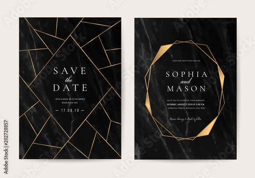 Wedding Invitation cards with black marble texture and gold line vector