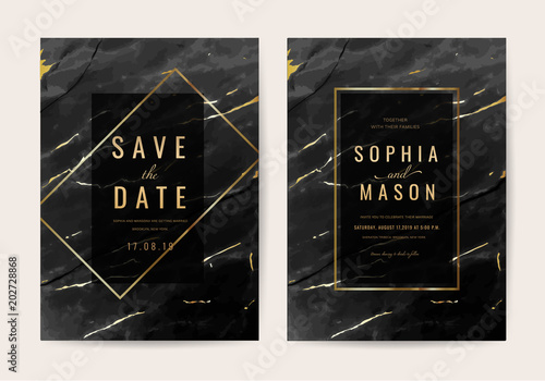 Wedding Invitation cards with black marble texture and gold line vector