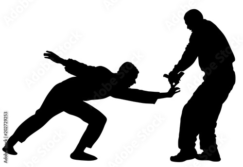 Self defense battle vector silhouette illustration. Man fighting against aggressor with gun or pistol. Krav maga demonstration in real situation. Combat for life against terrorist. Army skill action.
