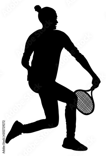 Woman tennis player vector silhouette isolated on white background. Sport tennis shadow isolated. Recreation pose. Girl play tennis.