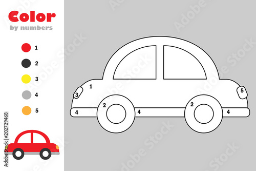 Car in cartoon style, color by number, education paper game for the development of children, coloring page, kids preschool activity, printable worksheet, vector illustration