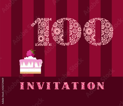 Invitation, 100 years old, raspberry pie, vector, English. The invitation to the birthday party. Wedding anniversary. Color card. Berry cake with raspberries on a striped, dark red field. 