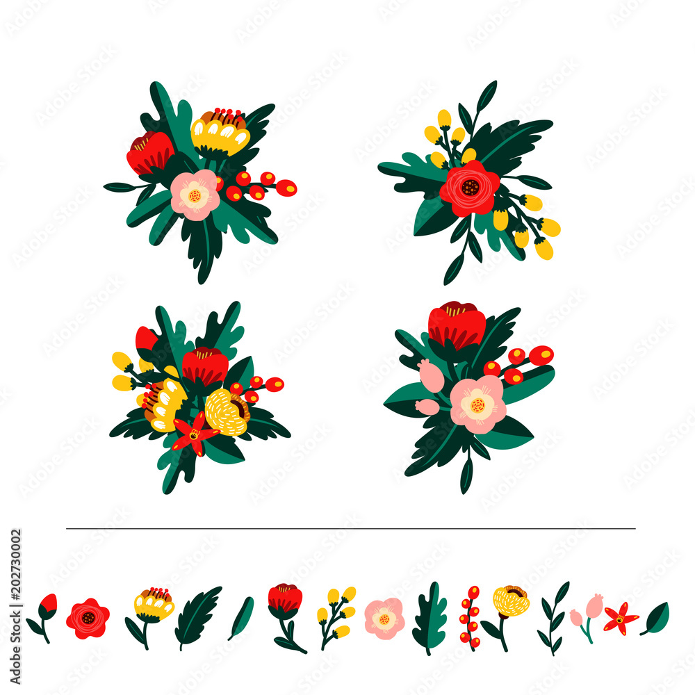 Vector doodle set of colorful bouquets. Isolated flowers, leaves and blossoms on white background.