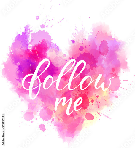 Follow me in pink heart shaped background