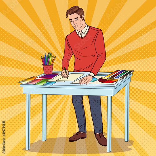 Pop Art Graphic Designer with Working Tools. Creative Illustrator Concept. Vector illustration
