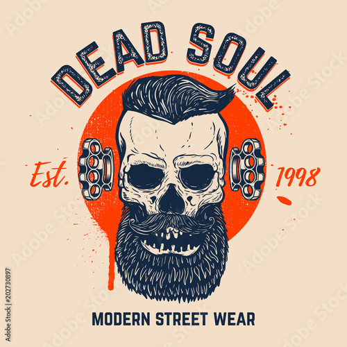 Dead soul. Bearded skull on grunge background. Design element for t shirt, poster, card, banner.