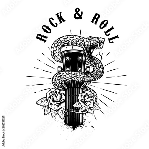 Rock and roll .Guitar head with snake and roses. Design element for poster, card, banner, emblem, t shirt.