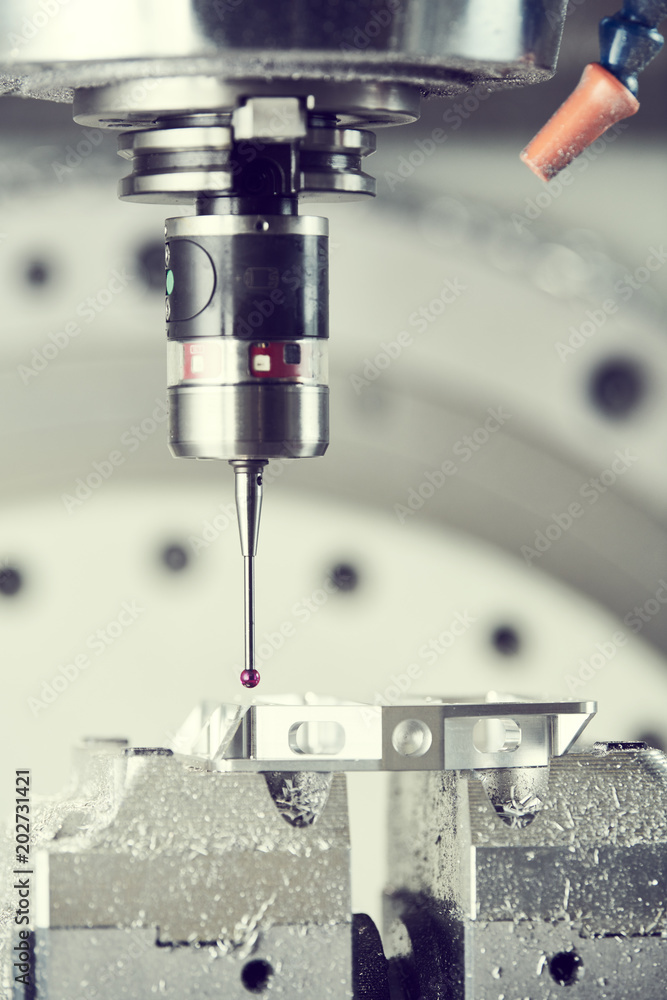 Quality control on milling CNC machine. Precision probe sensor at industrial metalworking Quality control on milling CNC machine. Precision probe sensor at industrial metalworking