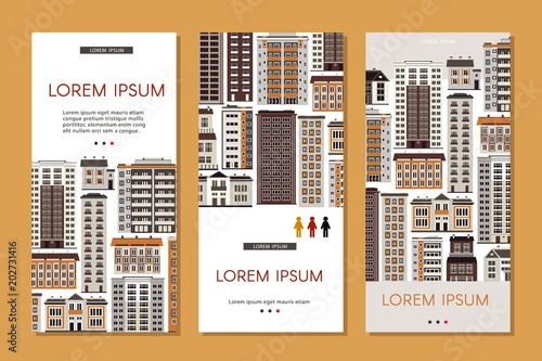 Urban house banners set with various multistorey apartment, office and public buildings isolated on white background - real estate and property vertical posters, vector illustration.