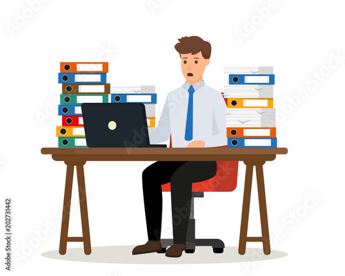 Stressed office worker sitting at desk in pile of documents. Overworked businessman isolated on white background. Stress at work. Vector illustration.