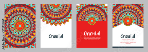 Oriental ethnic Mandala ornament banner set. Templates with doodle tribal mandalas. Vector illustration for cards, invitation, banners and print. 