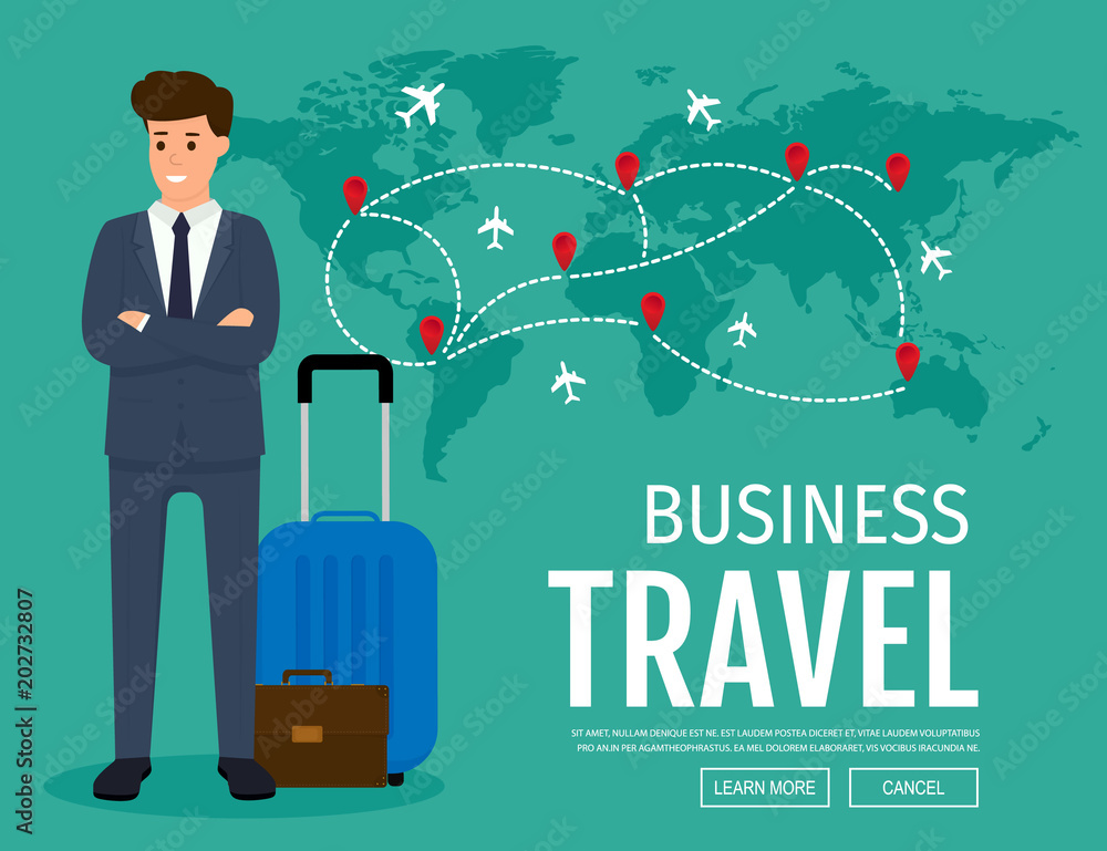 Business trip. Businessman in suit with hand luggage and world map in  background. Vector illustration of business journey. Stock Vector