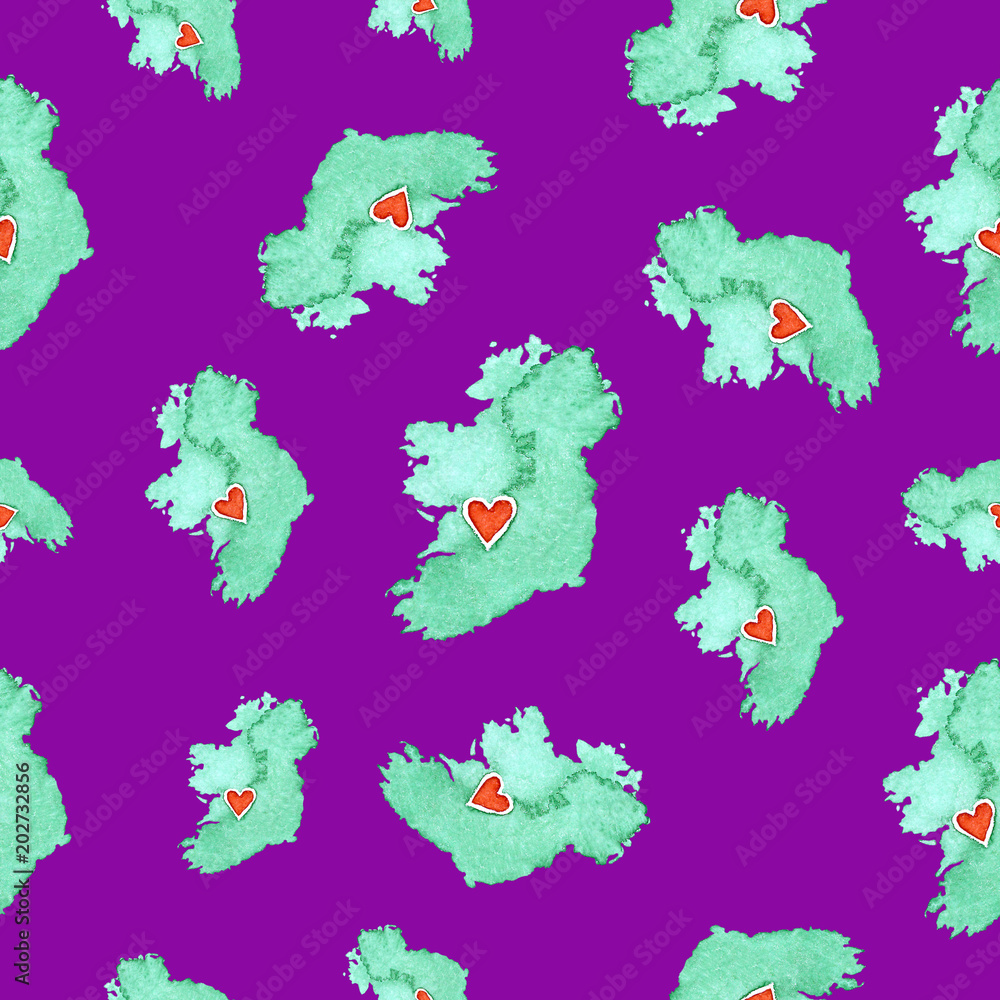 Map of Ireland in a seamless pattern on a purple background Map of Ireland in a seamless pattern on a purple background