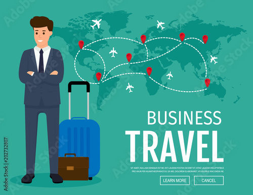 Business trip. Businessman in suit with hand luggage and world map in background. Vector illustration of business journey.